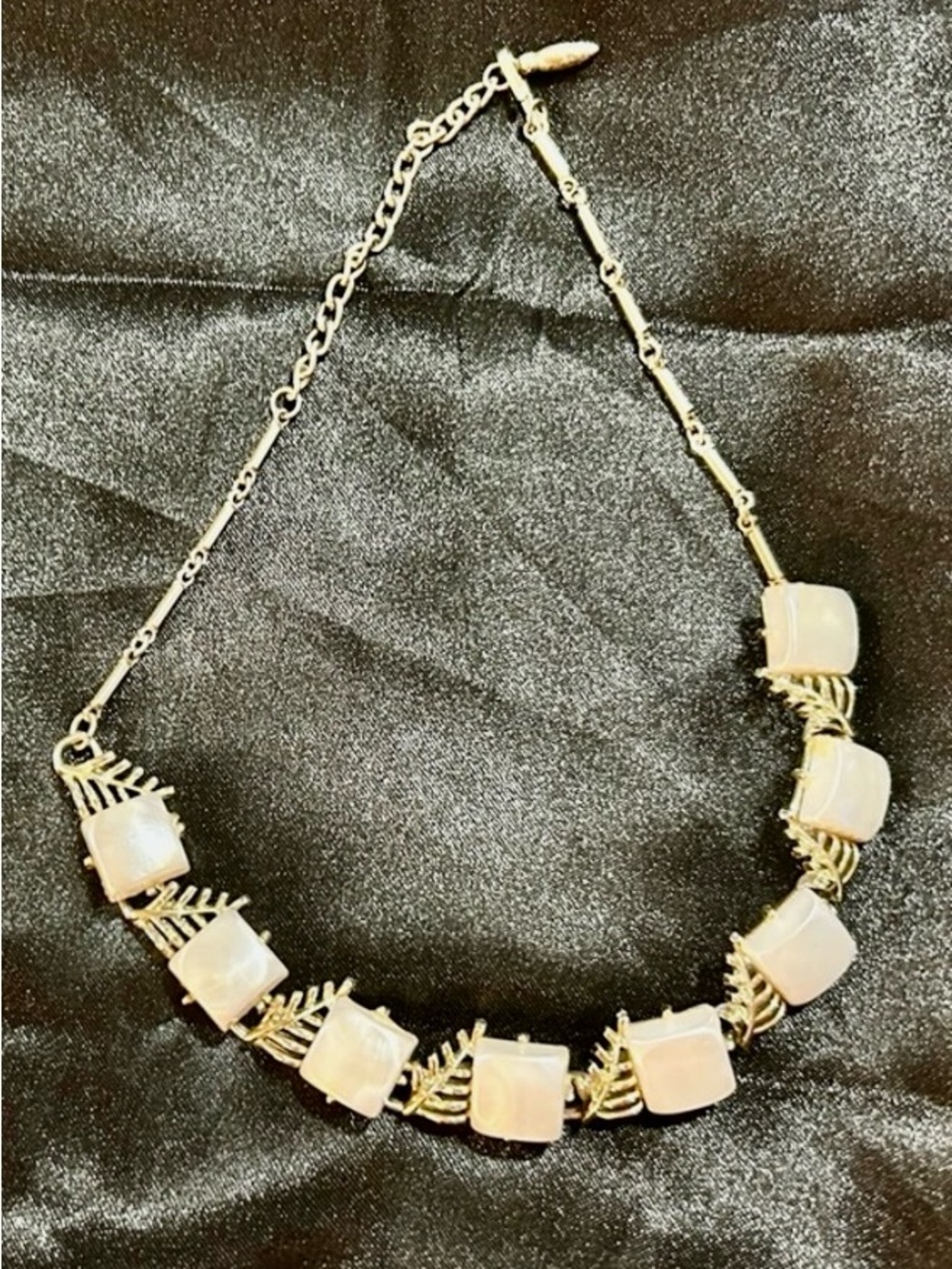 Vintage Gold-Tone Leaf Link Necklace with White Cabochon Stones - Women Jewelry